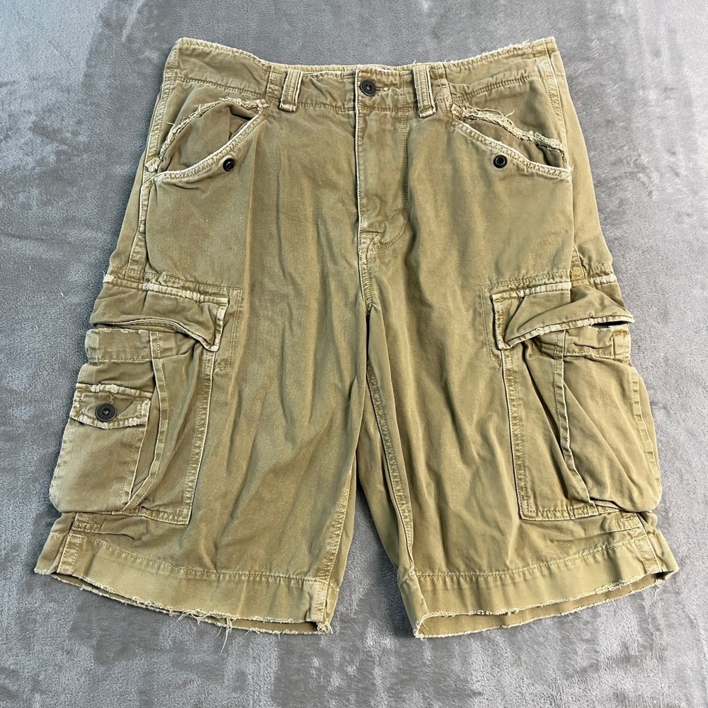 American Eagle Y2K Mens 32* Cargo Shorts Khaki Longer Length Distressed Utility